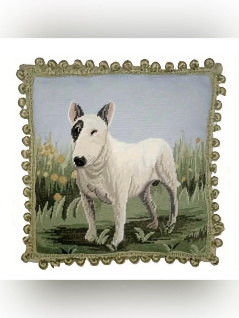 Embroidered Bull Terrier Pillow Cover in White with Black Accent-16”